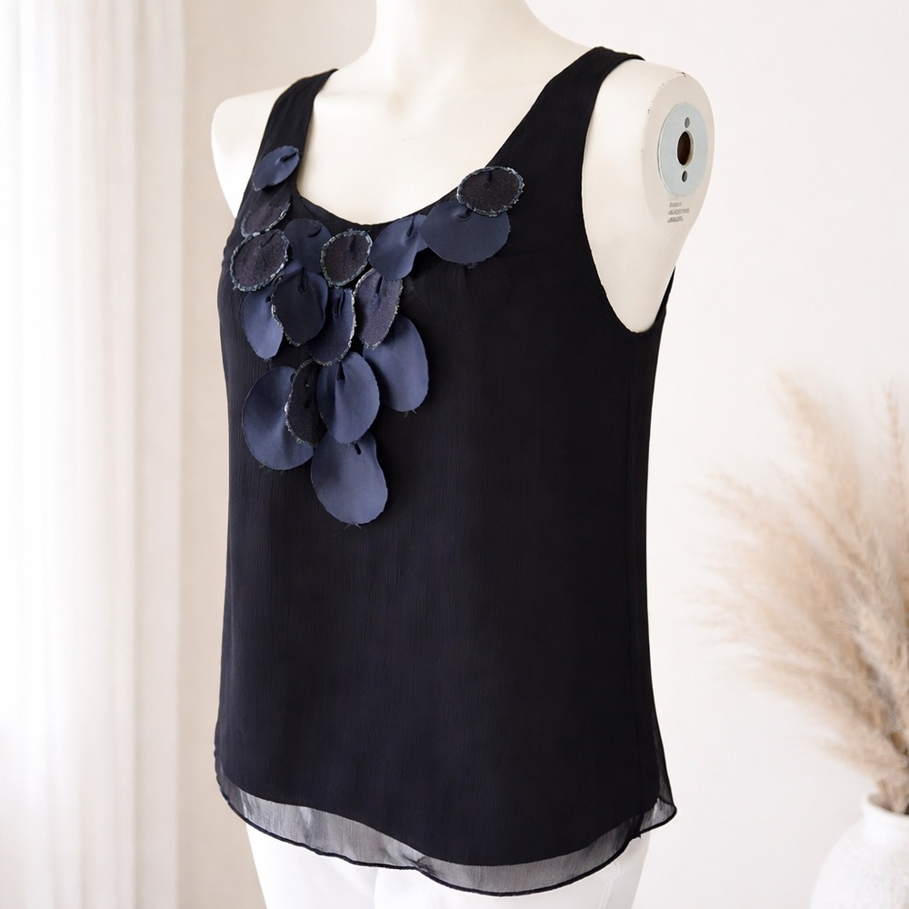 7 For All Mankind Silk Blouse Black Floral Appliqué Sleeveless Top S